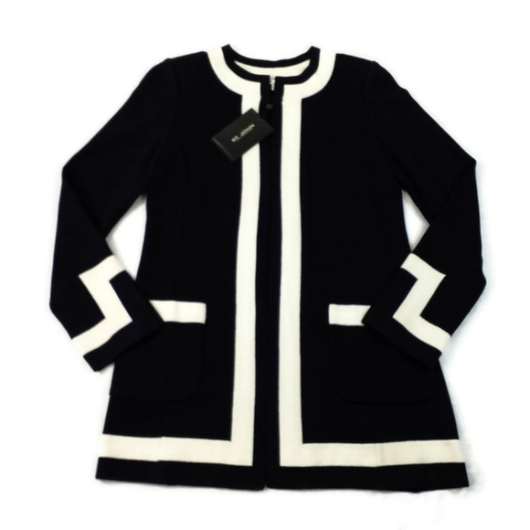 St. John Black White Open Front Long Sleeve Cardigan Sweater Womens Size 8 NWT - Picture 10 of 13